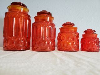 L.  E.  Smith Red Amberina Moon And Stars Canister,  Full Set Of 4 With Lids Vintage