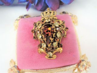 Vintage Signed Western Germany Filigree Rhinestone Crown Topped Brooch Heraldic