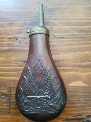 Copper Brass Black Gun Powder Horn Musket Flask Embossed Cannon Made In Italy