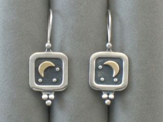 Vintage Sterling Silver And 14k Gold Moon Square Earrings Celestial Artisan