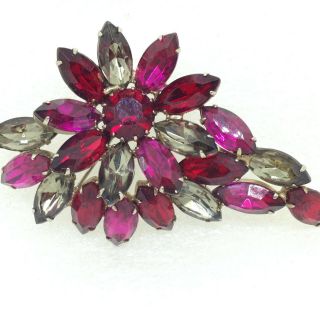 Vintage Flower Spray Brooch Pin Red Gray Glass Marquise Rhinestone Jewelry