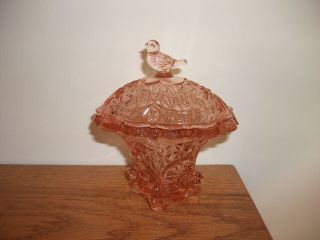 Vintage Pink Depression Glass Covered Powder Jar / Trinket Box With Lid & Birds