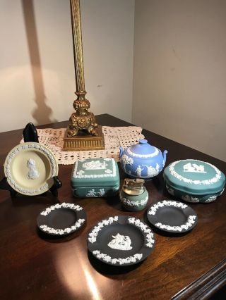 8 Vintage Wedgwood Jasperware Plate,  Box W/lid /yellow,  Sage,  Black,  Sage,  Spruce