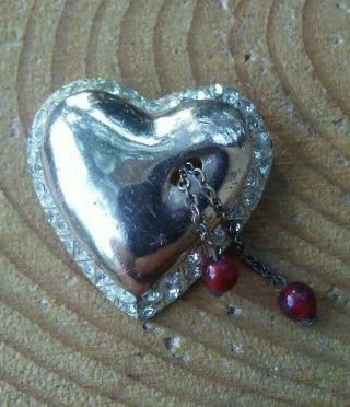 Vintage Coro Craft Sterling Silver Heart With Red Glass Dangles Brooch.