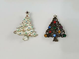 Vintage Signed Jj 2 Christmas Brooch Pins Gold Tone Filigree & Silver Tone Tree