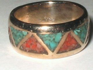 Vintage Zuni Inlaid Turquoise & Coral Sterling Silver Gold Tone 8mm Band Sz 6.  25