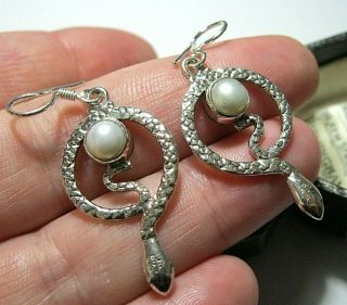 Vintage Style Solid Sterling Silver Real Pearl Snake Jewellery Drop Earrings