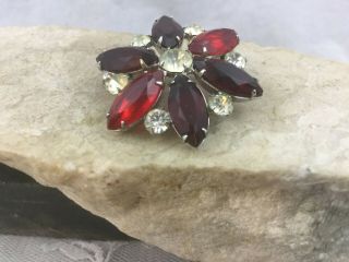 Vintage Silver Tone Flower Brooch Pin Large Teardrop Ruby Red Clear Rhinestones 2