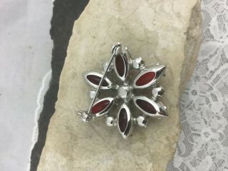 Vintage Silver Tone Flower Brooch Pin Large Teardrop Ruby Red Clear Rhinestones 3