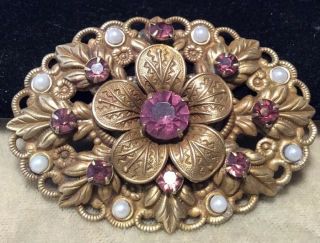 Vintage Jewellery Czech Brooch With Amethyst Crystals And Faux Pearls
