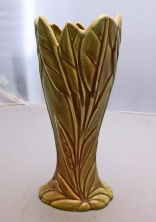 Vintage 9.  5 " Brown Yellow Wrapped Leaf Pottery Vase,  California (unknown Maker)