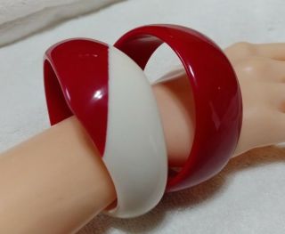Vintage 2 Pc.  Red And White Striped,  Lucite Bangle Bracelet
