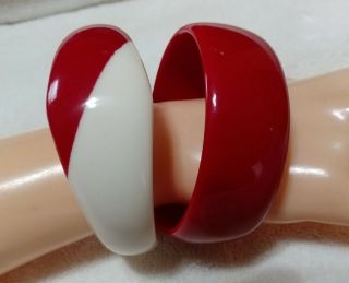 Vintage 2 pc.  Red and White Striped,  Lucite Bangle Bracelet 2