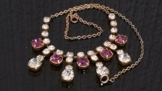 Czech Vintage Sparkly Clear And Purple Rhinestone Necklace