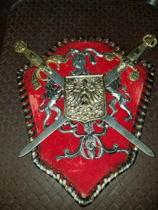 Vintage Medieval Crest Shield Swords Red Cloth Wall Plaque