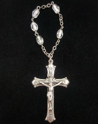 Vintage Sterling Silver Cross Crucifix Inri Rosary Pendant W/ Quartz Beads 9.  2g