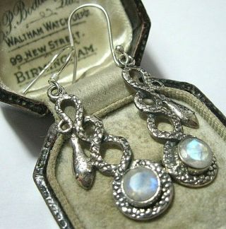 Vintage Style Solid Sterling Silver Rainbow Moonstone Snake Jewellery Earrings