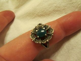 Sterling Silver Oval Jade & Marcasite Ring Of Unknown Vintage In Size R
