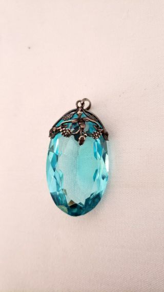 Vintage Sterling silver pendant grapes vines HUGE blue aquamarine glass 4