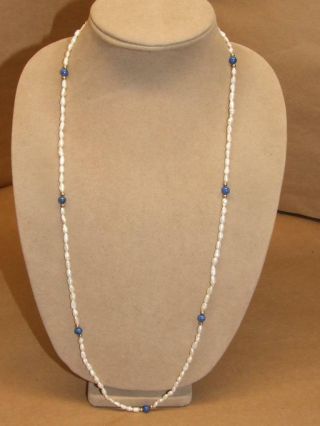 Vtg Baroque Freshwater Pearl Lapis Lazuli & 14k Gold Spacer Necklace 32 "