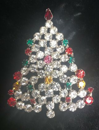 Vintage large rhinestone Christmas tree brooch pin Estate costume jewelry 2