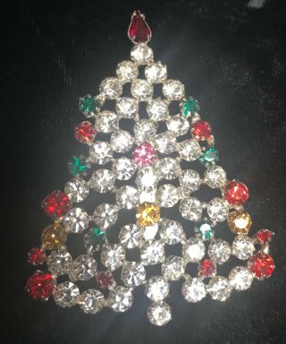 Vintage large rhinestone Christmas tree brooch pin Estate costume jewelry 3