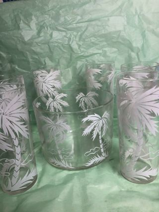 Palm Tree Tumblers Set Of 6 Vintage Drinking Glasses,  Glass Bowl/cocktail Set