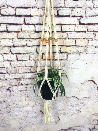 Vtg Macrame Long Braided Plant Holder With Beads Boho Chic Natural Hippie Decor