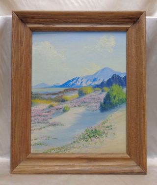 Vintage Colorful Sunlit Desert Landscape Oil Painting In Wooden Vintage Frame