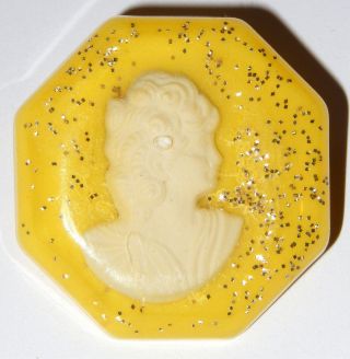 Vintage Thermoset Embedded Yellow Lucite Pin White Cameo Octagon