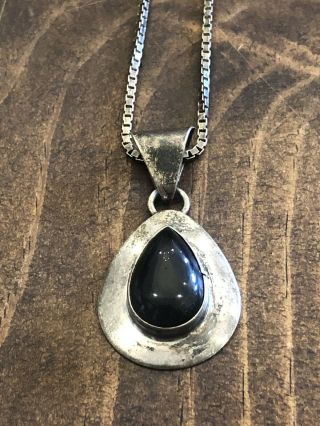 Vintage Navajo Old Pawn Sterling Se Silver Chain Necklace Onyx Pendant Hallmark