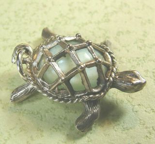 Vintage English Sterling Silver Turtle With Light Jade Green Gem Set Shell Charm