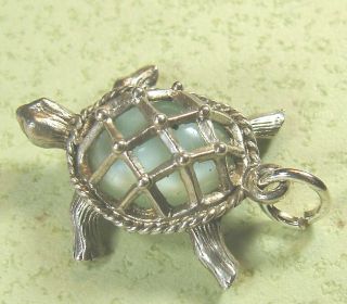 Vintage English Sterling Silver Turtle with Light Jade Green Gem set Shell Charm 2
