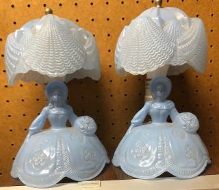 Vintage Victorian Blue Glass Lady Lamps W/umbrella Glass Shade Boudoir