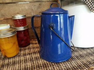 Vintage Cobalt Blue Enameled Camp Kettle Teapot W/lid & Swing Handle Enamelware