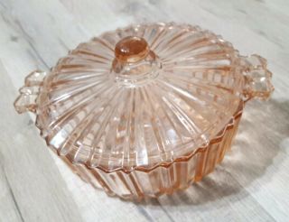 Vintage Pink Depression Glass Candy Dish/powder Vanity Box With Lid & Handles