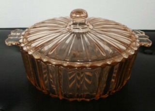 Vintage Pink Depression Glass Candy Dish/Powder Vanity box With Lid & Handles 4