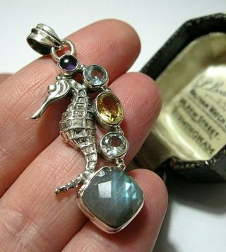 Sterling Silver Vintage Style Real Gem Stone Seahorse Necklace Pendant