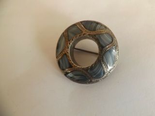 A Fine Vintage White Metal And " Scottish Pebble " Brooch