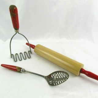 Vintage Red Wood Handle Kitchen Tools Utensils Rolling Pin Masher Slotted Spoon