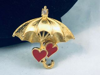 Vtg.  Crown Trifari Red Enamel & Gold Tone Two Hearts & Umbrella Brooch