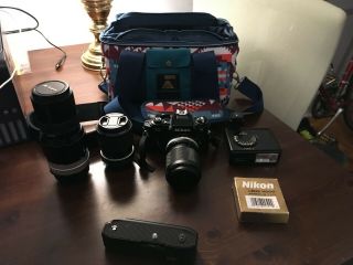 Nikon Fg 35mm Camera W/3 Lenses,  Sb - 10 Flash,  Auto - Winder,  And Cool Bag