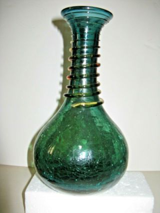 Vintage Emerald Green Crackle Glass Vase W Clear Yellow Icing 9.  5 "
