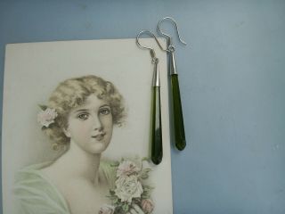 Old Vintage Sterling Silver Green Crystal Glass Drop Art Deco Style Earrings