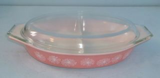 Vintage Pyrex Pink Daisy Divided Casserole Dish W/ Glass Lid 1 1/2 Quart