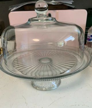 Large Vintage Clear Glass Pedestal Cake Plate With Domed Cover
