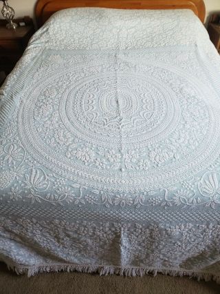Vintage Cotton Chenille Bedspread Light Blue & White Full Size By Bates