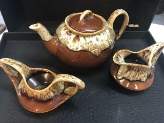 Vintage Hull Pottery Brown Drip Tea Pit,  Creamer & Sugar Dishes Cond