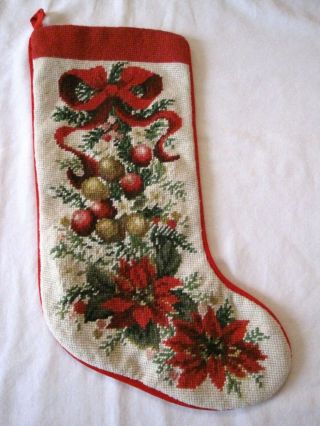 Vintage Needlepoint Christmas Stocking Bow Poinsettia Imperial Elegance 1991