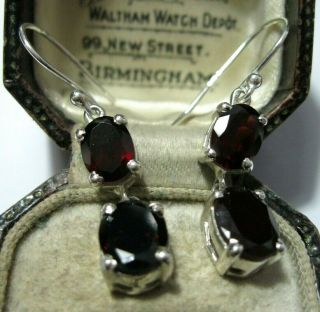 Vintage Style Edwardian Jewellery Solid Silver Real Garnet Stone Drop Earrings